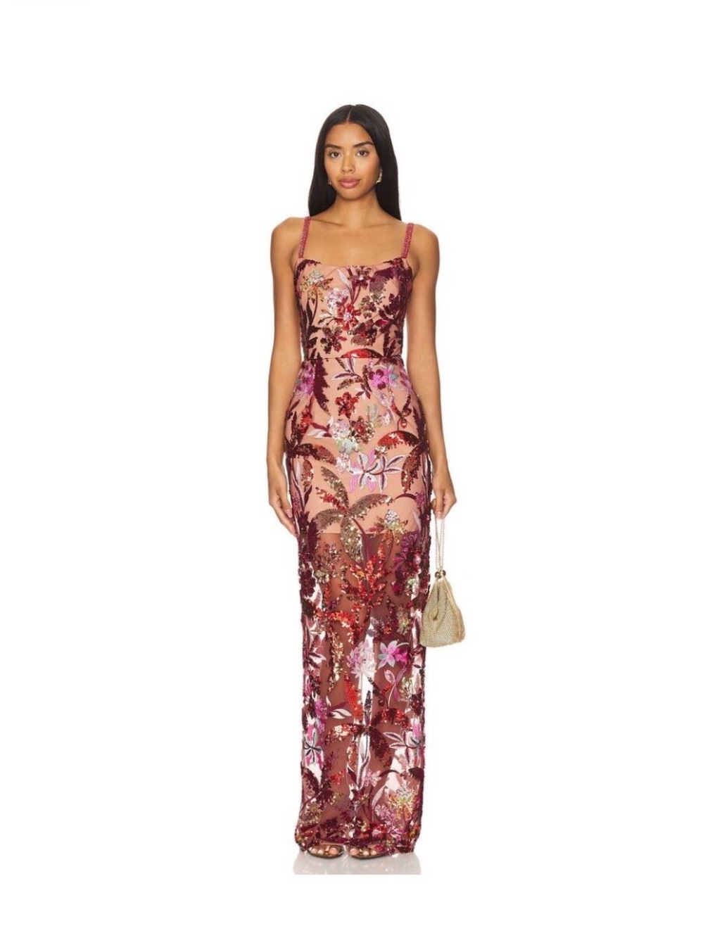 Bronx and Banco Embellished Floral Sequin Gown Brand NWT and bag- Pink/Burgundy